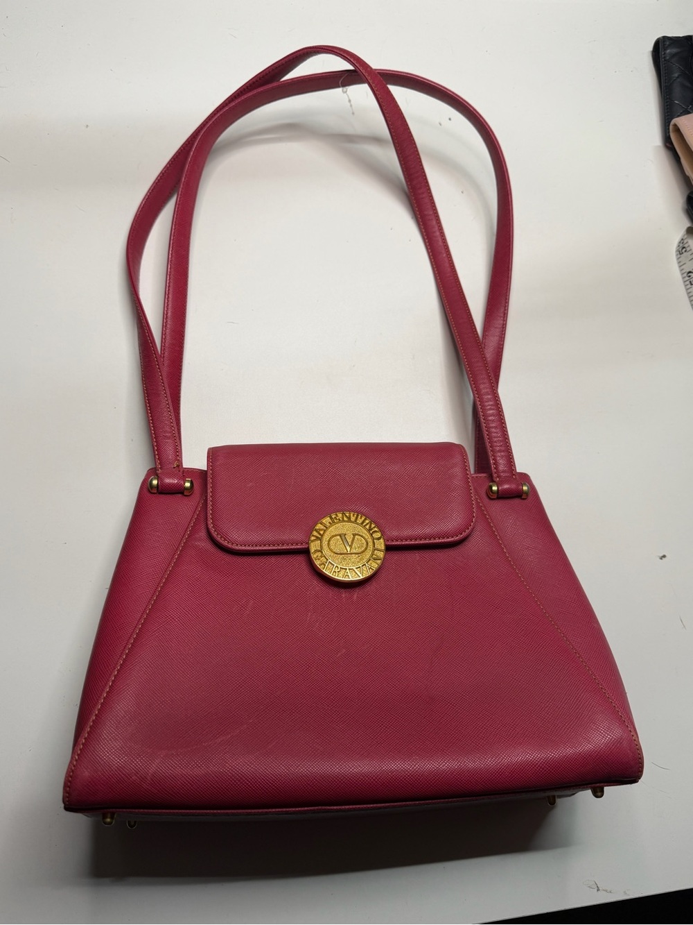 Valentino Garavani Rose Red Leather Shoulder Bag with Gold Medallion